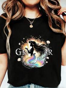 1 Women's Short Sleeve T-Shirt With Mermaid Print, Modern, Elegant And Slimming, The Perfect Gift For Birthdays Or Holidays, 180g 100% Cotton. - 黑色五號 - 查看 10