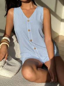 LUNE Conjunto De Camiseta Sin Mangas Y Pantalones Cortos De Color Sólido Para Mujer Con Cuello En V - Multicolor 4 - Ver 5