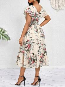 xheSHEIN Lady Vestido elegante de longitud media con cintura ceñida y estampado floral casual para mujer, veranoxhe - Albaricoque - Ver 2
