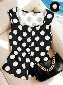 Blusa sin mangas elegante y casual con botones de perla con estampado de lunares, apropiada para uso diario, citas y cenas, primavera/verano - Negro - Ver 1