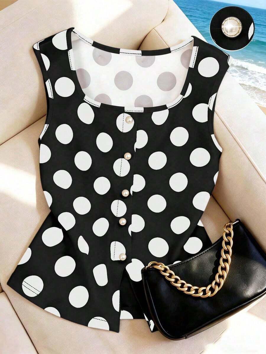Blusa sin mangas elegante y casual con botones de perla con estampado de lunares, apropiada para uso diario, citas y cenas, primavera/verano - Negro - Ver 1