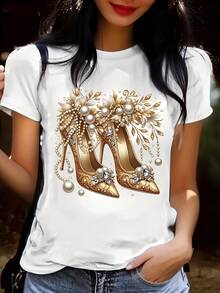 Women's Casual Summer T-Shirt With Sparkling Heel Print And Rhinestones - Round Neck, Short Sleeve, Soft And Comfortable, For Casual Wear, All Seasons Top, Stretch Fabric, Women's Clothing - 白色 - 查看 1