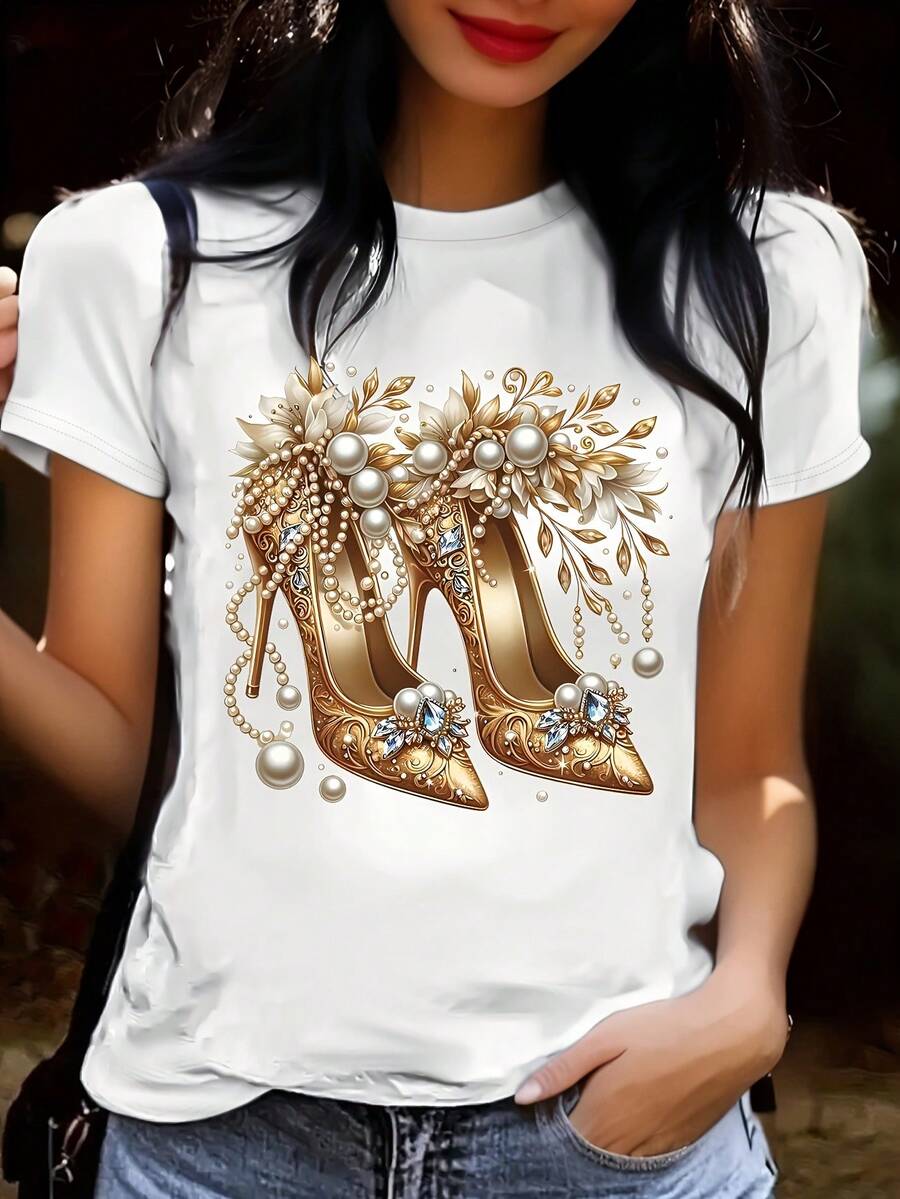 Women's Casual Summer T-Shirt With Sparkling Heel Print And Rhinestones - Round Neck, Short Sleeve, Soft And Comfortable, For Casual Wear, All Seasons Top, Stretch Fabric, Women's Clothing - 白色 - 查看 1