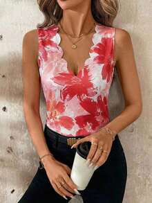 Camiseta de mujer con cuello de concha y estampado floral - Multicolor - Ver 4
