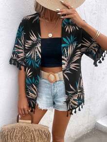 Kimono de flecos con estampado tropical de verano para la playa - Multicolor - Ver 4