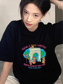 Women's Short-Sleeved T-Shirt With Cartoon Anime Print, Versatile And Stylish - Hitam - View 6