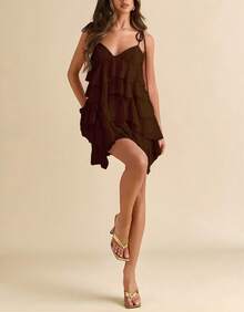 Women's Short Dress With Layered Ruffles, Thin Straps, V-Neck, Summer Fashion - Rust Brown - View 4