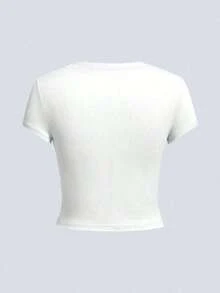 Camiseta de manga corta con cuello redondo para mujer, corte ajustado, con estampados florales y de conchas, sencilla y elegante, adecuada para el verano, una opción ideal para el uso diario casual de las mujeres. - Blanco - Ver 3