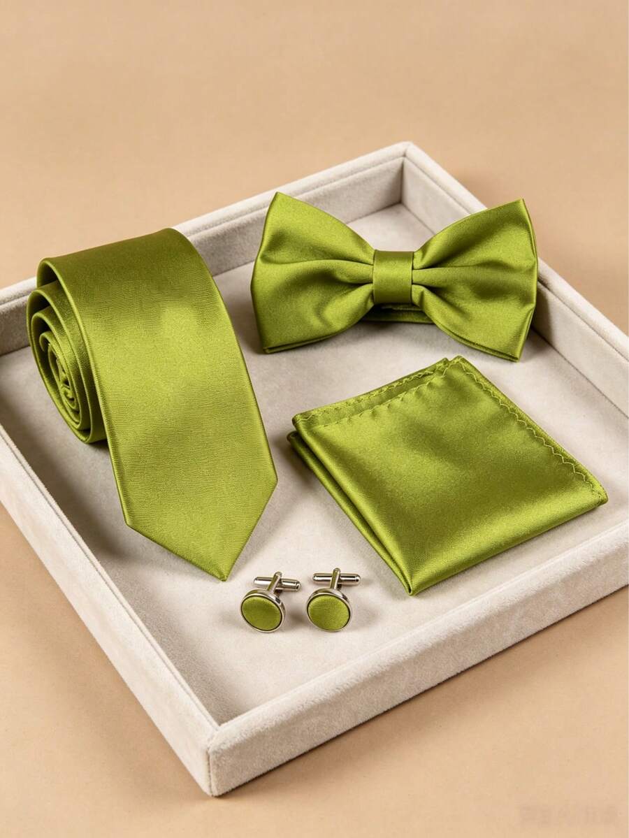 4pcs Men's Business Solid Color Polyester Tie & Bow Tie & Pocket Square & Cufflinks Combination Set, For Weddings - Lime Green - View 1