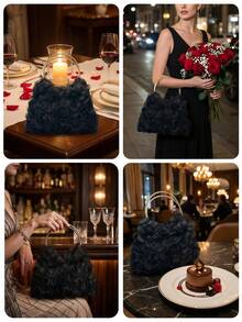 Elegant Rose Flower Clutch Purse, Women Formal Dress Party Handbag, Gentle Sweet Girl's Shoulder Bag, Solid Color Bucket Bag, Bridal Purse - màu đen - Xem 8