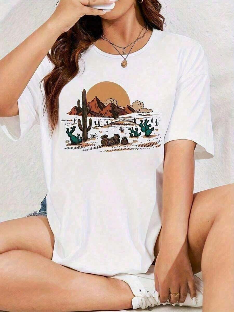 Under The Radar1 pieza de camiseta de tela suave para mujer con estampado de cactus del desierto y saguaro - Camiseta de manga corta de ajuste holgado y suave con cactus en tonos marrones/beige, camiseta casual para todas las estaciones, estilo desierto del suroeste, camiseta lavable, camiseta de algodón puro de alta calidad con estampado minimalista, tela suave y transpirable, cómoda y holgada, adecuada para usar todo el día, ideal para ropa casual de oficina, apariencia diaria en primavera y verano, diseño elegante y juvenil, ropa de hombre 100% algodón. Camiseta unisex de algodón holgada de manga corta y cuello redondo estilo vintage urbano - Blanco - Ver 1