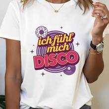 Camiseta de verano premium para mujer con la impresión en alemán "ich fühl' mich DISCO" (me siento como si estuviera en una discoteca). Estampado de texto en bloques de color neón. Camiseta de manga corta con cuello redondo para mujer, primavera/verano. - Blanco - Ver 7