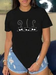 Camisetas Para Mujer AlgodónDivertida camiseta de gatos estampados para mujer joven, estilo casual y diseño único, ideal para la primavera y verano, disponible en tallas S, M, L, XL, color negro, moda femenina,  popular. mundial 2026 - Negro - Ver 1
