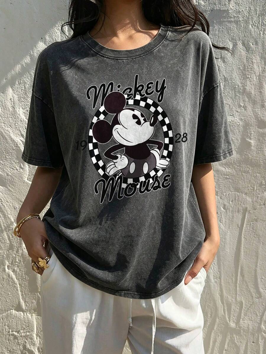 Disney Oversize Round Neck Washed T-Shirt With Disney Mickey Mouse Print, Disneyland, Disney Animal Kingdom, Disney Family Vacation Trip, Summer Outfits For Women, Vacation Outfits Women, Dresses,, Dresses For Women, Summer Clothes, Summer Tops, Capris For Women, Rompers For Women, Jeans For Women, Jorts, Graphic Tees Women, Tank Tops Women, Dresses For Women Summer, Summer Tops, Summer Clothes, Summer, Swimsuits For Woman, Bathing Suits For Women, Bikinis, White Tank Top, Women Sweatshirts & Hoodies, Cord Sets For Women, Trajes Elegantes De Mujer, Conjuntos De Dos Piezas Para Mujer, Skirt Two Piece Set, Conjuntos De Mujer, Blusas, Trajes De Mujer Casual, Free Shipping, Co Ords Sets Women, Faldas - Black - View 1