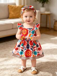 1pc Baby Girls' Summer Sleeveless Thin Dress, Baby Girl Floral Print Elastic Waist Backless Sundress, Cute Bohemian Vintage Floral Lace Trim Casual Dress, Newborn 1st Birthday Gift, Soft Breathable, 0-1-2-3 Years, 6-9 Months, Suitable For Outdoor, Casual, Party, Holiday - Multicolor - View 1