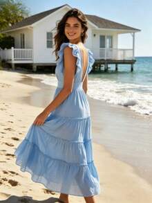 Women's Deep V-Neck Tiered Maxi Dress, Backless Flutter Sleeve Flowy Beach Vacation Dress - Màu xanh nhạt - Xem 3