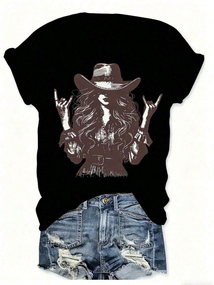 Women's Affordable Retro Cowboy Style T-Shirt, Rock, Western, With Cowgirl Silhouette Print, Casual Short Sleeve, Round Neck, Fitted For Summer - 黑色 - 查看 1