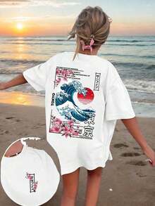 New Casual And Cute Women's T-Shirt, Loose Fit, Round Neck, Short Sleeves. Short-Sleeved T-Shirt With A Round Neck And A Tokyo Island Sunset Wave Print. High-End Urban Wear, Vacation Style, Loose And Comfortable, Versatile Short-Sleeved T-Shirt For Summer - 布蘭克 - 查看 9