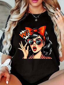 Camiseta de algodón puro para mujer con estampado retro de lunares estilo cómic - estampado rojo/blanco, cuello redondo elástico, manga corta - adecuada para uso casual en todas las estaciones, atuendos diarios, uso en casa y para combinar con otras prendas (lavable a mano). Camiseta blanca lisa. - Negro - Ver 1