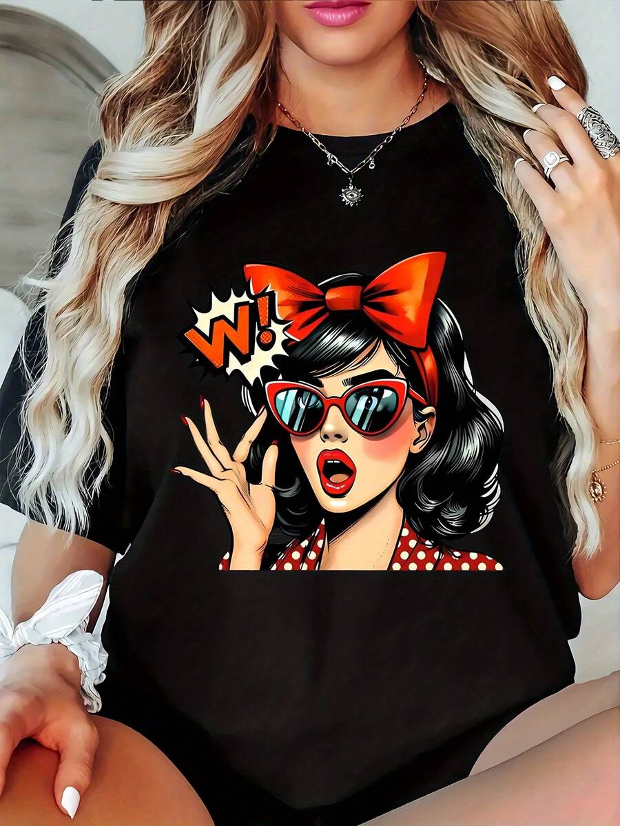 Camiseta de algodón puro para mujer con estampado retro de lunares estilo cómic - estampado rojo/blanco, cuello redondo elástico, manga corta - adecuada para uso casual en todas las estaciones, atuendos diarios, uso en casa y para combinar con otras prendas (lavable a mano). Camiseta blanca lisa. - Negro - Ver 1