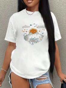 Nueva Camiseta de Moda para Mujer con Cuello Redondo y Estampado Elegante - Versátil, Fácil de Mantener y Cómoda, Camiseta Casual para Mujer para Todas las Temporadas, Diseño Versátil Listo para el Verano. - Blanco - Ver 1