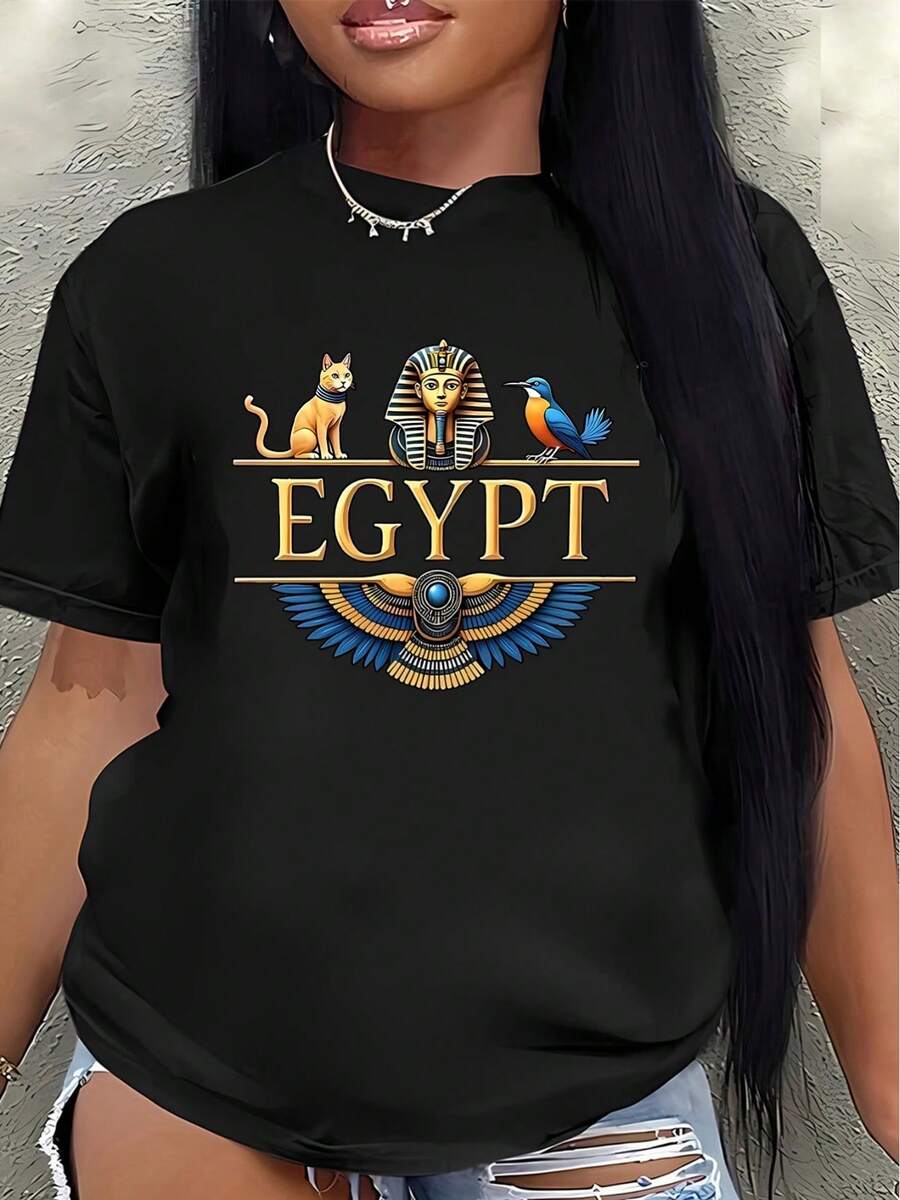 Short-Sleeve T-Shirt With Egyptian Pharaoh Print - Black Design Featuring Tutankhamun And Anubis, Lightweight And Durable Polyester Fabric, Crew Neck For Casual And Themed Events, Machine Washable, Ancient Egyptian Style. Women's Casual Blouse - 黑色 - 查看 1