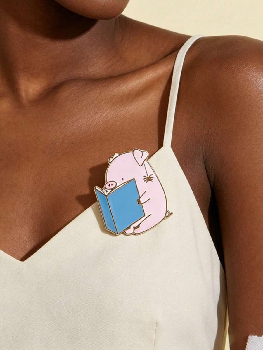 Immersive Reading Pig Enamel Pin Pink With Book Design Suitable For Introverted Bookworms Daily Wear Classroom Decor - Multicolor - View 1