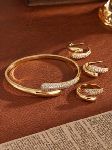rakol Bộ 3 món trang sức tối giản hình móng tay đính đá Cubic Zirconia, gồm vòng tay, nhẫn và bông tai. - bộ ba mảnh - Xem 9