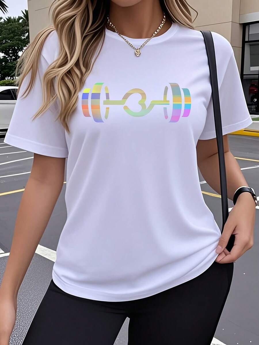 Camiseta de Mujer de Manga Corta de Una Pieza, con Diseño de Corazón Degradado y Pesas con Estampado Artístico Creativo Divertido y Popular. Top de Cuello Redondo Transpirable y Elástico, Cómodo para Uso Exterior en Primavera, Verano y Otoño. Top de Cuello Redondo Casual Simple y Bonito de Estilo - Blanco - Ver 1