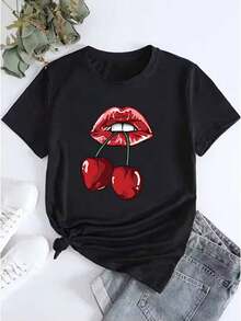 Camiseta de manga corta con cuello redondo para mujer con estampado gráfico de labios y cerezas - Negro - Ver 3