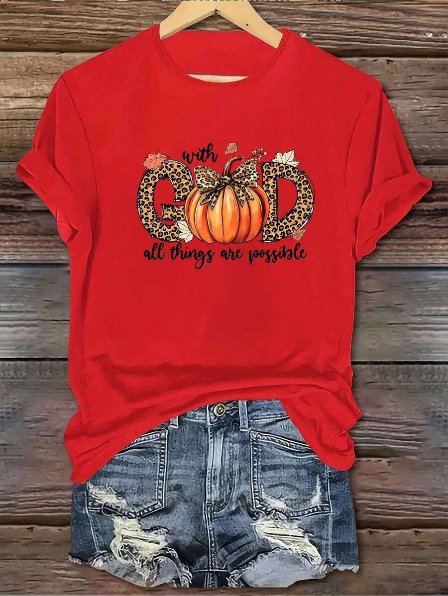 1 pieza de camiseta de manga corta con cuello redondo para mujer, estilo casual de poliéster, serie para todas las estaciones, creativa y genial, con estampado gráfico de Halloween "BOO" y "Calabaza Leopardo". - Rojo - Ver 1