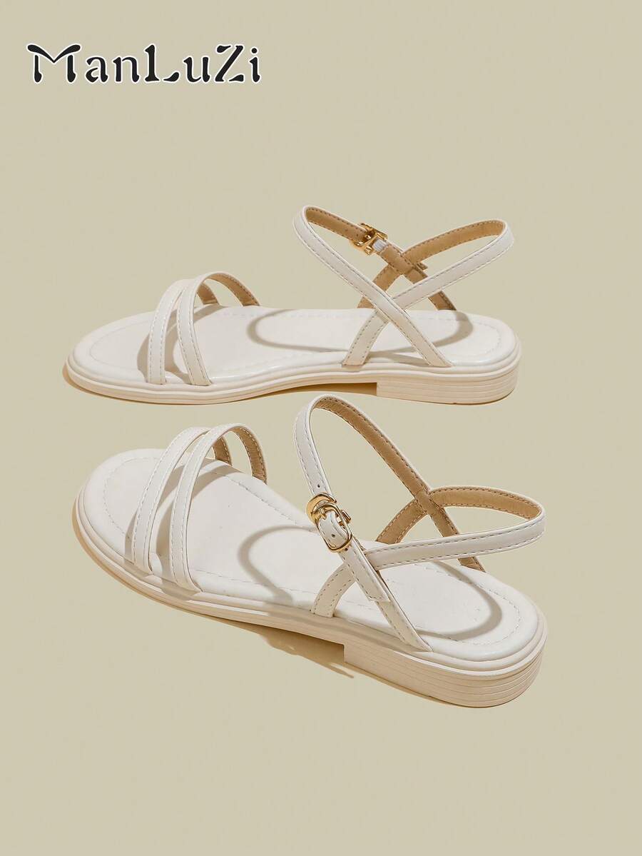 ManLuZi Sandal Wanita Putih Datar dengan Tali Terbuka di Ujung Jari, Sandal Pantai Minimalis dengan Tali Tipis dan Sol Lembut untuk Musim Panas - Putih - View 1