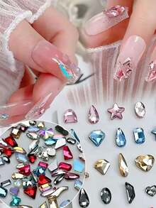 40pcs Mixed Color Flat Bottom Nail Rhinestones Set, Includes Star, Heart And Other Irregular Cut Faceted Rhinestones, High Sparkle Transparent Faceted Design, Suitable For Various Nail Art Styles, Self-Adhesive Flat Bottom For Easy Application, Long-Lasting, Create Dreamy Sparkling Elegant Nail Art - Multicolor - View 3
