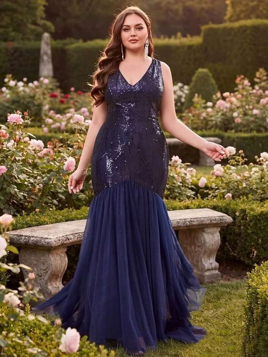 Vestidos de fiesta formales de talla grande para mujer con lentejuelas y parches de malla con diseño de sirena, adecuados para fiestas, graduaciones, actuaciones, bailes de graduación, primavera/verano/otoño/invierno - Azul Marino - Ver 1