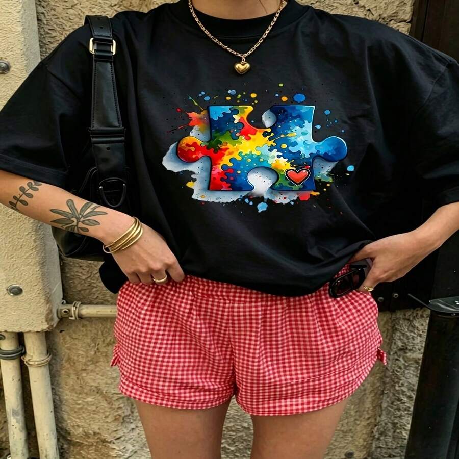 Heartfelt Daily Casual Graphic T-Shirt 100% Cotton Oversized Soft Breathable Casual Crewneck Short Sleeve Top Cute Aesthetic Daily Wear For Casual Wearers Fashion Lovers Daily Outfit Enthusiasts Gift Givers - 黑色 - 查看 1
