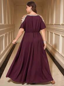 Clasi Vestido de talla grande de verano elegante con empalmado, cinta, hombros recortados y cintura - Rojo violeta - Ver 2