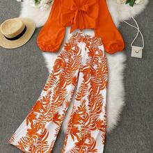 2 Pieces Women Solid Color Long Sleeve Shirt & Long Pants Set, Summer Fashion Fall Cloth For Women - Naranja - Ver 2