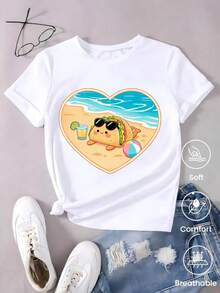 Short-Sleeved T-Shirt For Spring/Summer 2026, Made In Mexico, 180 Grams. Cartoon Print, Couple Design, Suitable For Indoor Or Outdoor Wear. Crew Neck, Unisex, Ideal For Office And Leisure. One-Pack. - 白色 - 查看 1