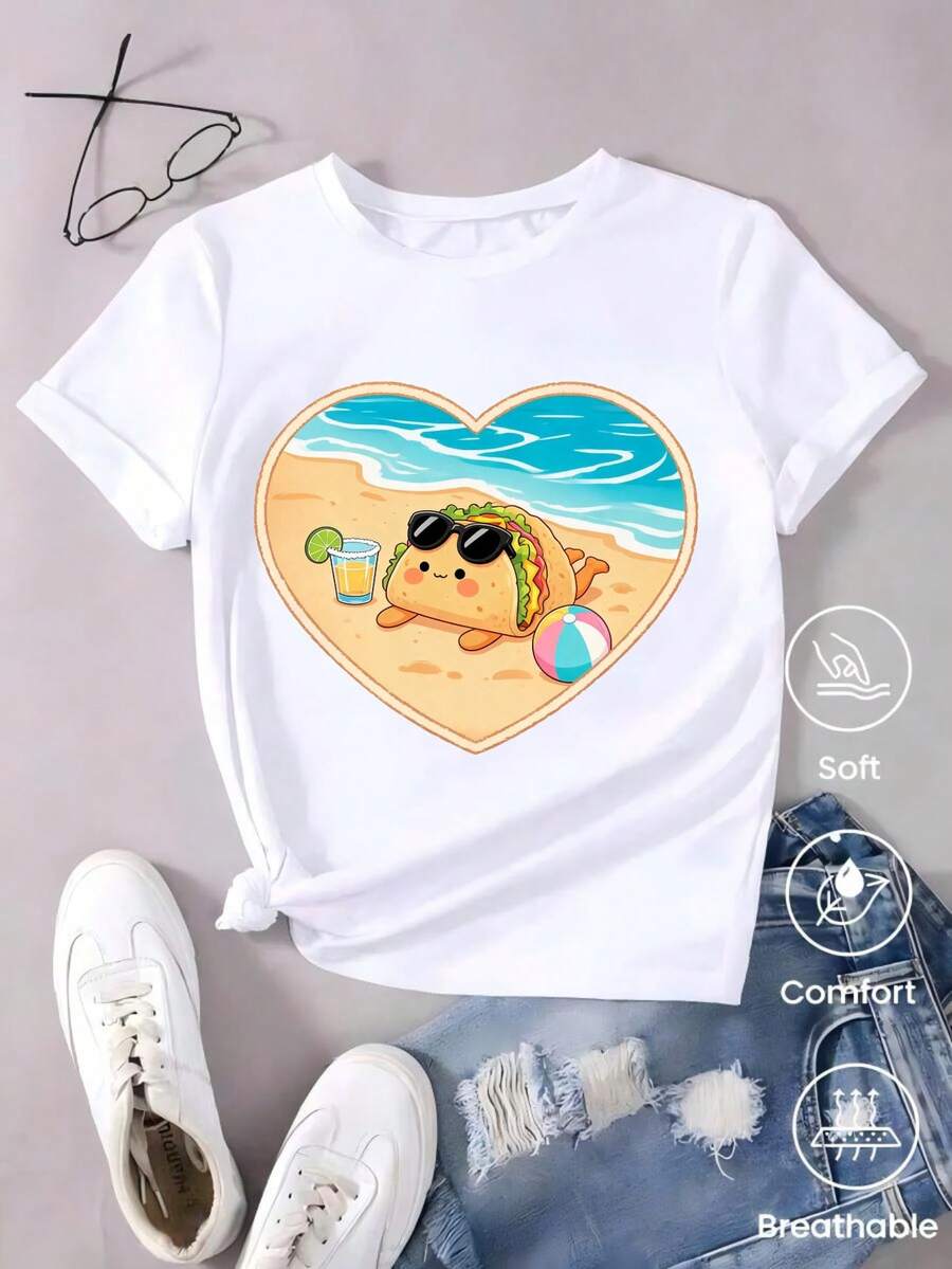 Short-Sleeved T-Shirt For Spring/Summer 2026, Made In Mexico, 180 Grams. Cartoon Print, Couple Design, Suitable For Indoor Or Outdoor Wear. Crew Neck, Unisex, Ideal For Office And Leisure. One-Pack. - 白色 - 查看 1
