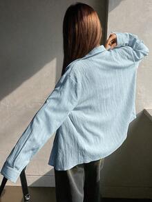 Camisa de mujer de manga larga de unicolor casual, para primavera y otoño, blusas de manga larga estilo Y2K, ropa de mujer de otoño - Azul - Ver 3