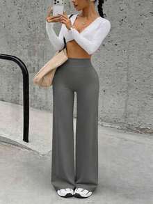 Pantalones deportivos de cintura alta minimalistas para mujer, con piernas anchas, para fitness y running.Leggings casuales cómodos, con gran elasticidad y acampanados, ideales para yoga y uso diario. - Gris - Ver 7