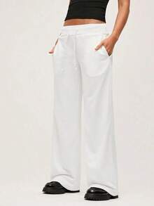 Pantalón de chándal de pierna ancha y cintura baja de unicolor de punto para mujer - Blanco - Ver 3