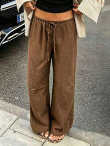 Pantalones anchos con cintura con cordón para mujer, pantalones casuales ligeros y transpirables, verde militar, verano - Cafetería - Ver 6