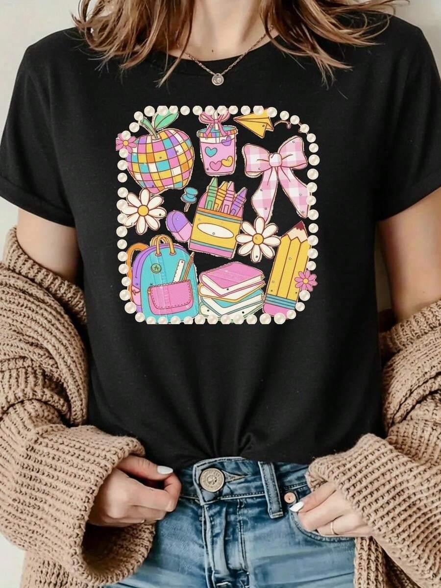 1 pieza de Playera corta 100% algodón, cuello redondo casual con estampado, cuadrícula colorida, manga corta transpirable para uso diario - Negro - Ver 1