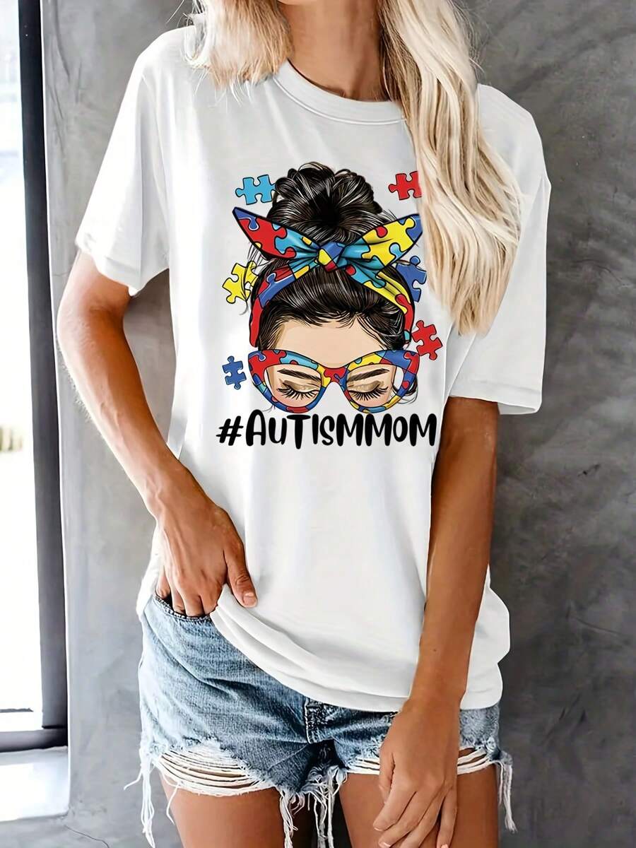 Printed T-Shirt For Mother's Day With The Letters 'Autism' And A Cartoon Character Design - [白色的] - 查看 1