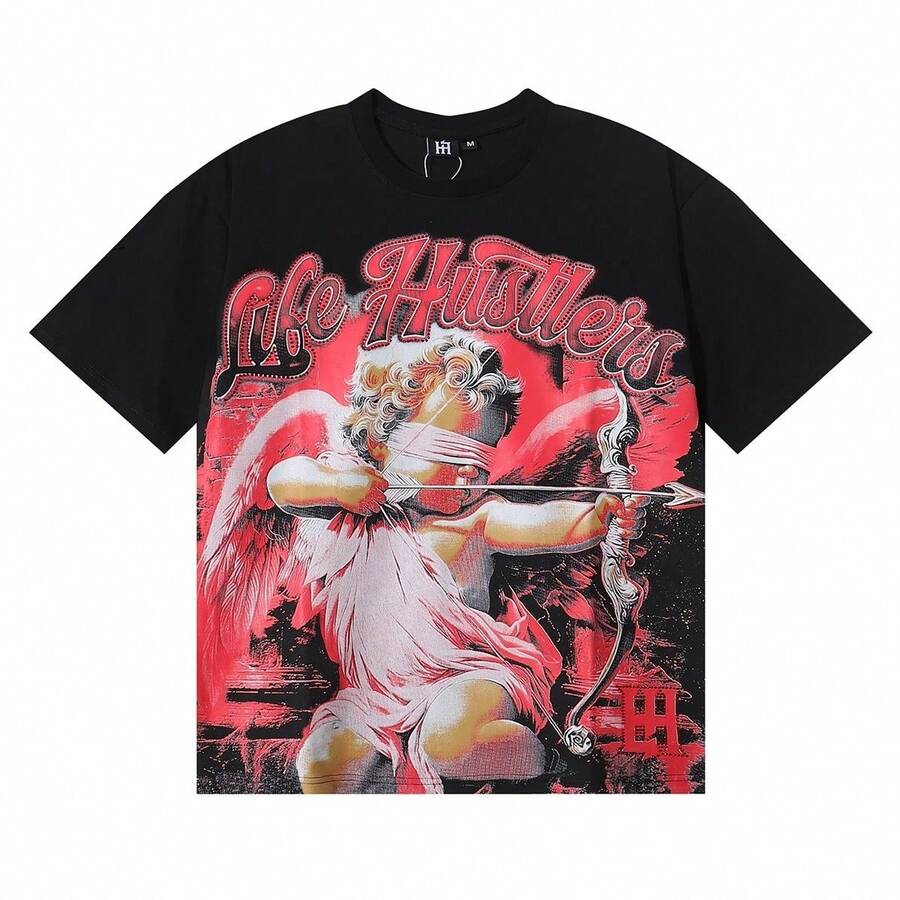 MeiLife Meichao Hustlers Men's And Women's Loose Fit Short Sleeve T-Shirt With Archer And Masked Angel Print - 白色 - 查看 1