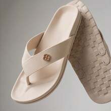 Sandália Feminina Slide  Casual    confortável  detalhe dourado - Bege - Visão 4