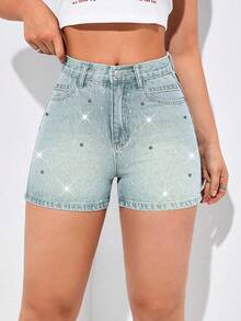 ALO FASHION Stylish Women's Denim Shorts With Diamond Chainmail And Rhinestone Accents. High-Stretch Bermuda Shorts For Bohemian Party Casual Wear. - 寶藍色 - 查看 2