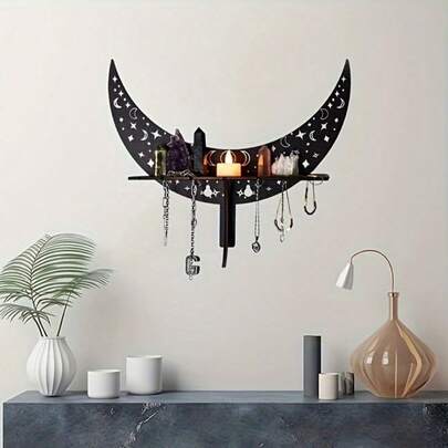 Kệ treo tường hình trăng lưỡi liềm bằng gỗ phong cách Boho - Giá đỡ bàn thờ hình bán nguyệt có thể tháo rời, tái sử dụng để trang trí nhà cửa, trưng bày trang sức - Hình dán tường và tranh tường không cần khoan theo phong cách phù thủy Halloween Ramadan