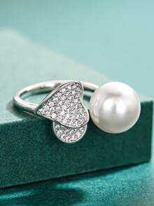 1pc Elegant Cubic Zirconia & Faux Pearl Ring, Women's Wedding Jewelry, Valentine's Day Gift - Silver - View 2